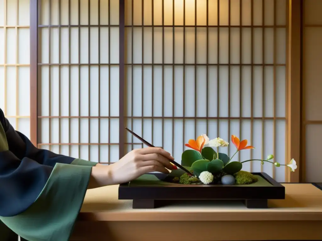 Un artista del ikebana dispone con destreza una composición de flores y ramas en un alcoba japonesa, mostrando el significado y técnicas del Ikebana