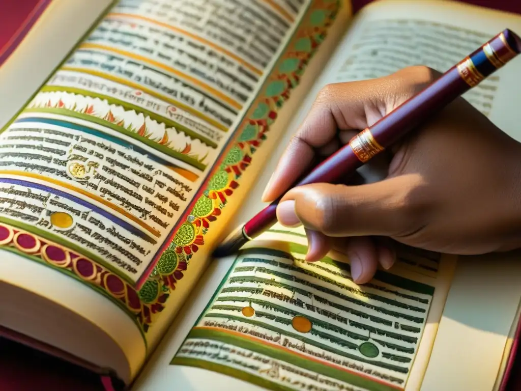 Un artista indio ilumina un manuscrito tradicional con colores vibrantes, fusionando modernidad y tradición en la literatura India