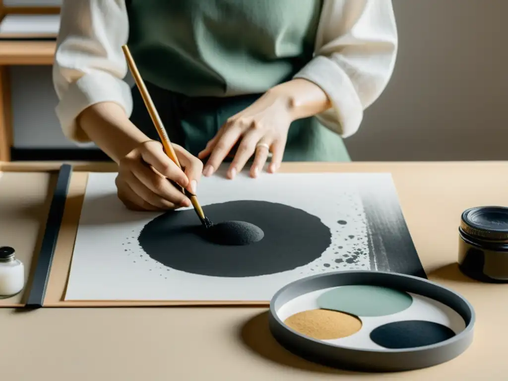 Un artista japonés contemporáneo crea una pintura minimalista con tinta, rodeado de herramientas tradicionales en un estudio sereno