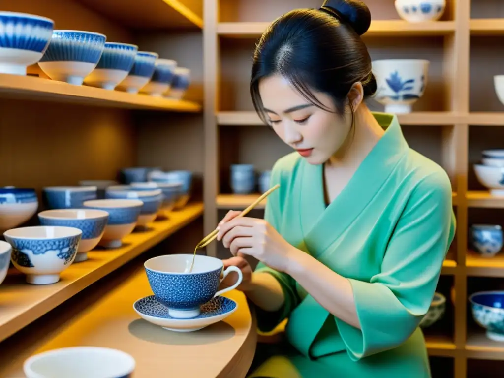 Un artista japonés pinta delicadas tazas de cerámica a mano, rodeado de piezas en un taller