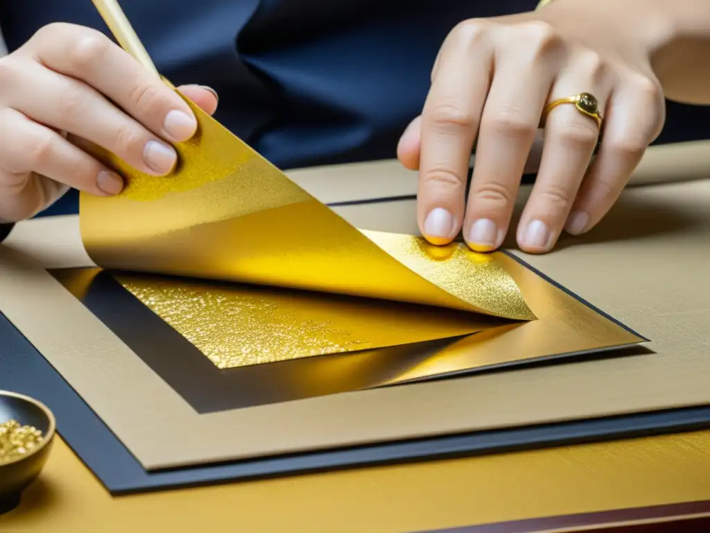 Un artista japonés aplica con destreza láminas de oro a una impresión en madera, destacando la técnica dorado arte japonés