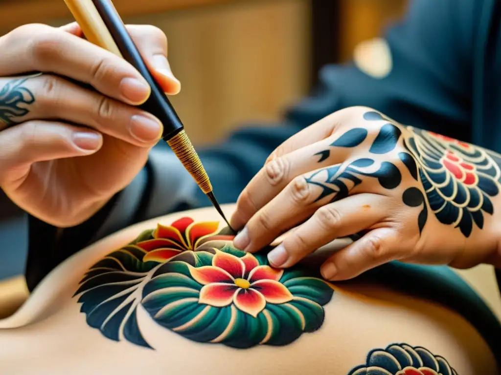 Un artista japonés aplica con destreza un tatuaje Irezumi a un cliente, destacando la concentración y la belleza del arte corporal japonés