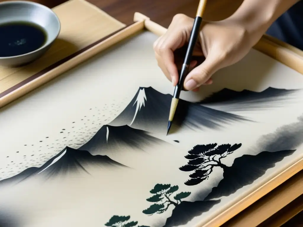 Un artista japonés aplica con destreza tinta sumi sobre papel de arroz, creando una pintura tradicional con movimientos precisos y delicados