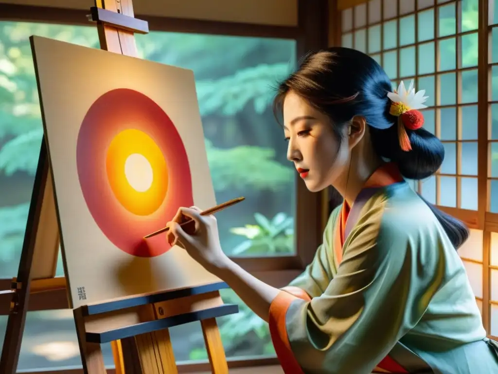 Un artista japonés pinta con devoción a Amaterasu, diosa del sol, con espiritualidad a través del arte Shinto