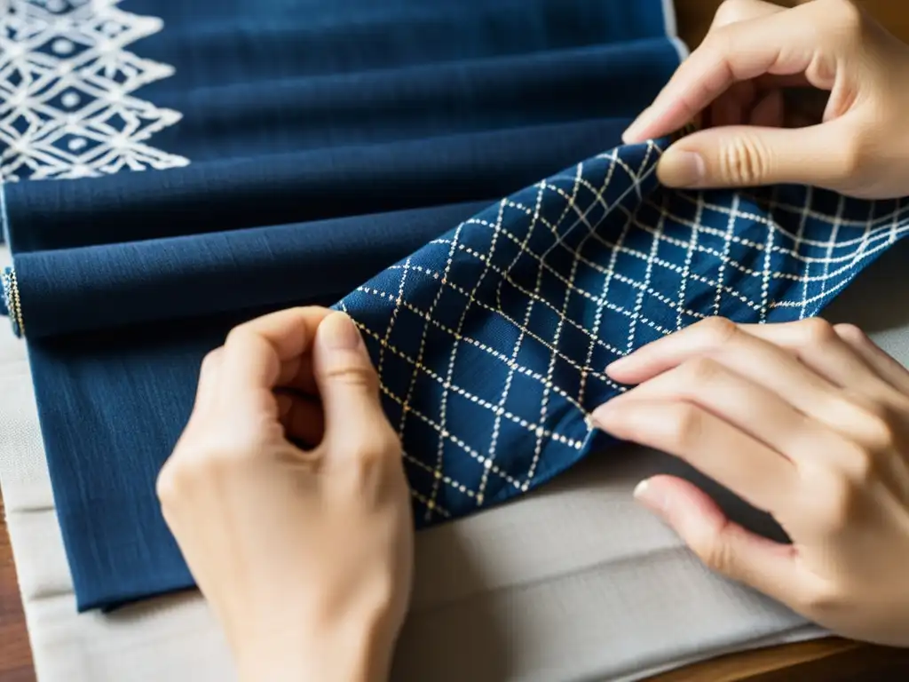 Artista japonés experto en Shibori técnica japonesa moda occidental, doblando meticulosamente una tela con patrones índigo intrincados