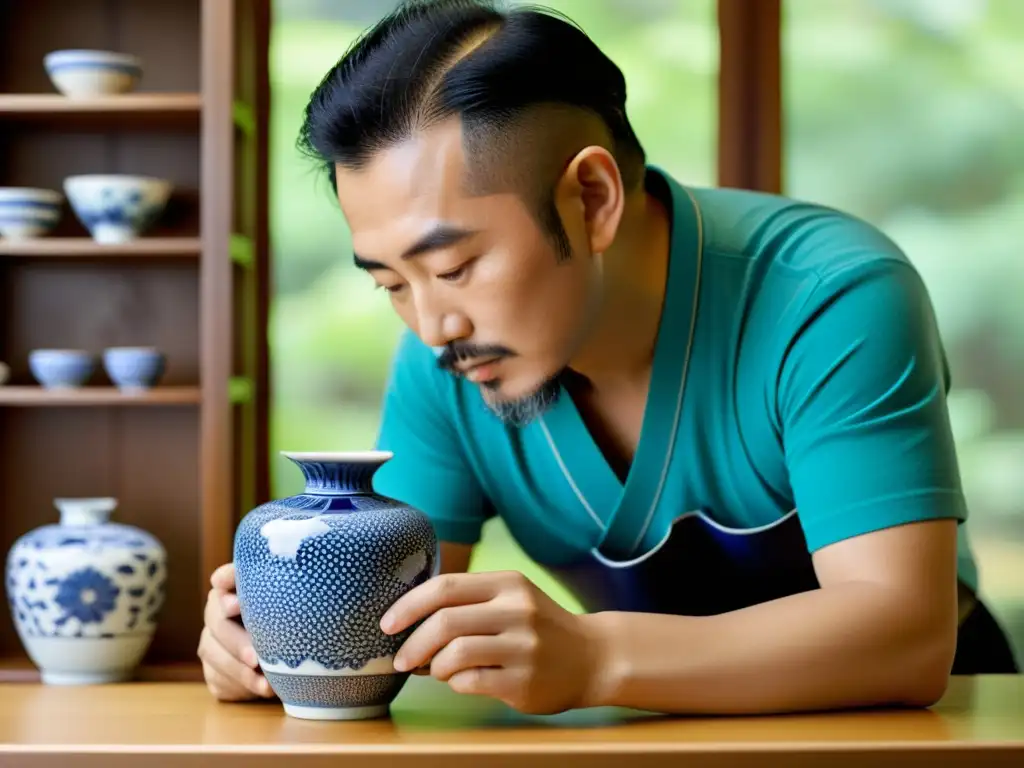 Un artista japonés pinta a mano una delicada vasija de cerámica, rodeado de piezas vibrantes