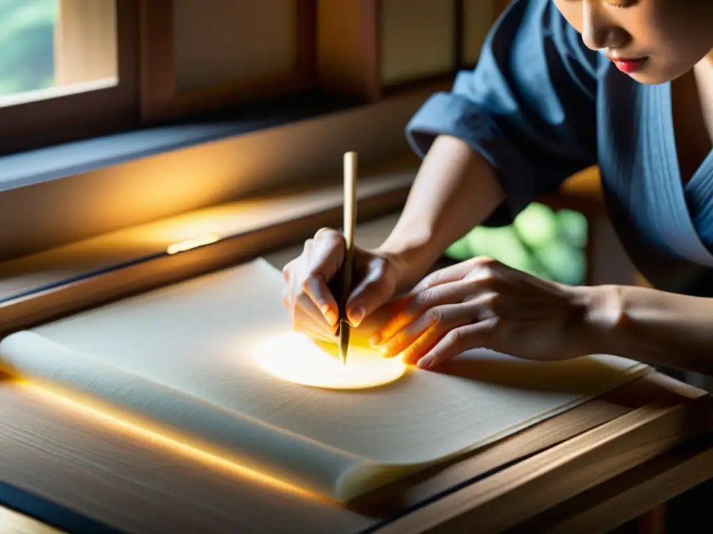 Artista japonés elaborando papel washi con destreza, bajo la luz del sol