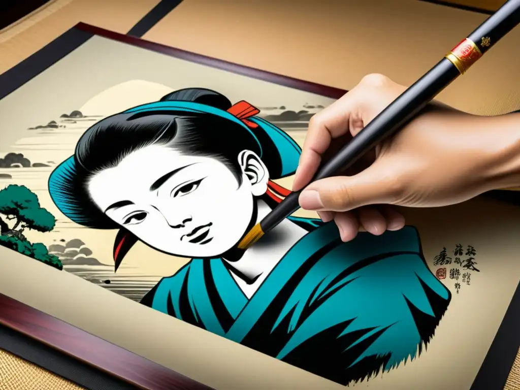 Artista japonés pintando un personaje manga con pincel tradicional