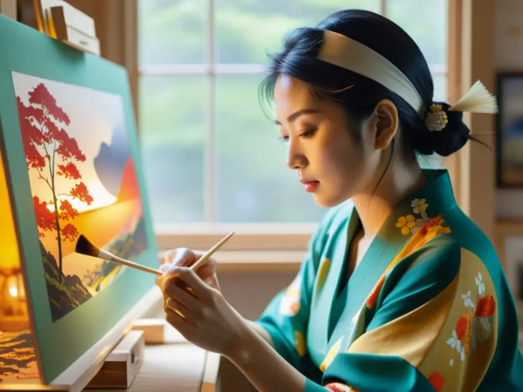 Una artista japonesa contemporánea trabaja en su estudio, rodeada de su vibrante obra de arte