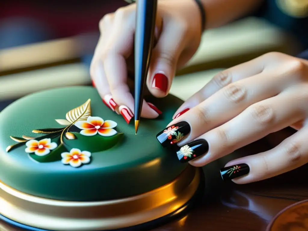 Una artista de uñas japonesa aplica delicados diseños con precisión usando técnicas tradicionales y adornos