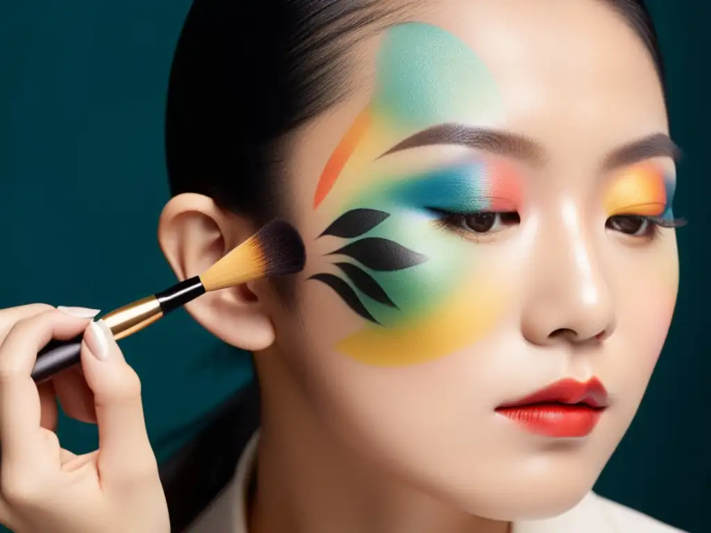 Maquillaje japonés tradicional: precisión y arte Una artista japonesa aplica delicados diseños con pigmentos vibrantes, evocando técnicas vanguardistas maquillaje japonés