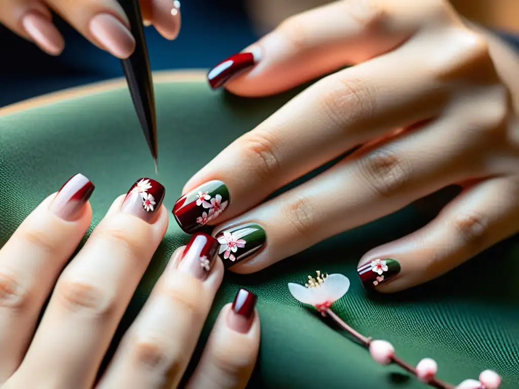 Una artista japonesa de uñas pinta delicados diseños de flores de cerezo en las uñas de una clienta, reflejando la influencia asiática en la manicura