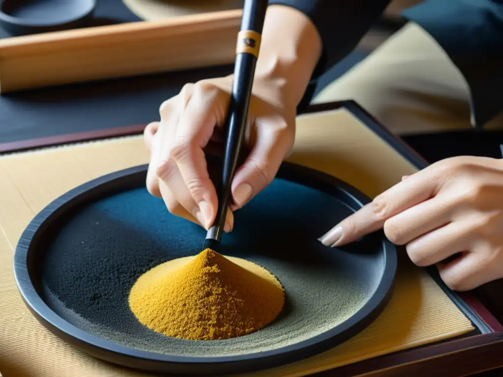 Artista japonesa usando la técnica tradicional Nihonga para moler pigmentos minerales con suzuri y sumi, creando una obra de arte sorprendente