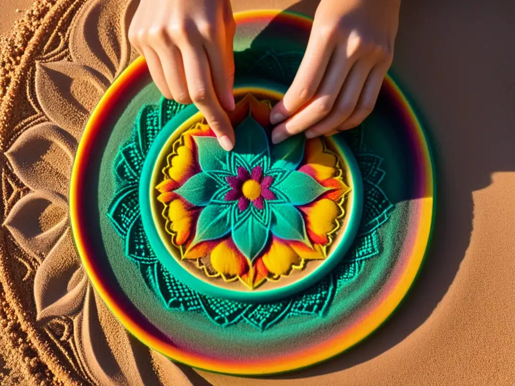 Un artista crea un mandala con arena, mostrando precisión y concentración