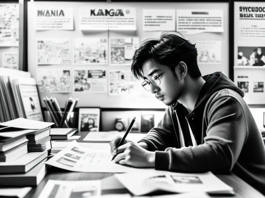 Un artista de manga concentrado en su escritorio, rodeado de bocetos y materiales de referencia