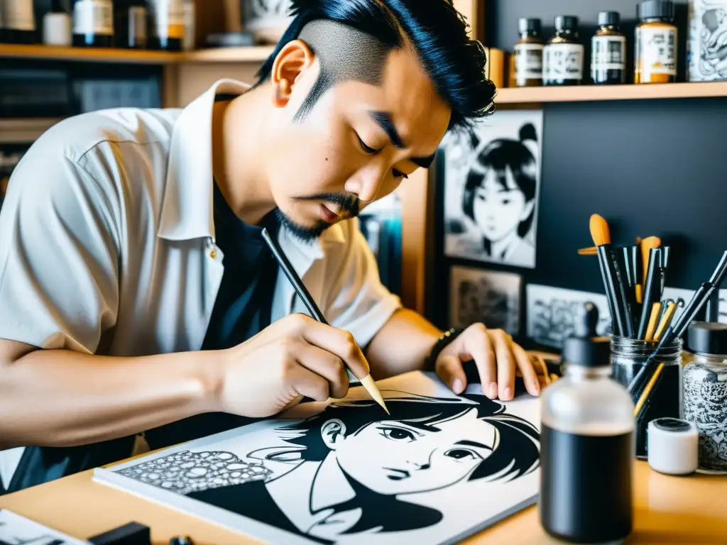 Artista de manga japonés concentrado en su obra, iluminado Un artista de manga japonés meticulosamente entintando un panel de cómic con concentración y pasión