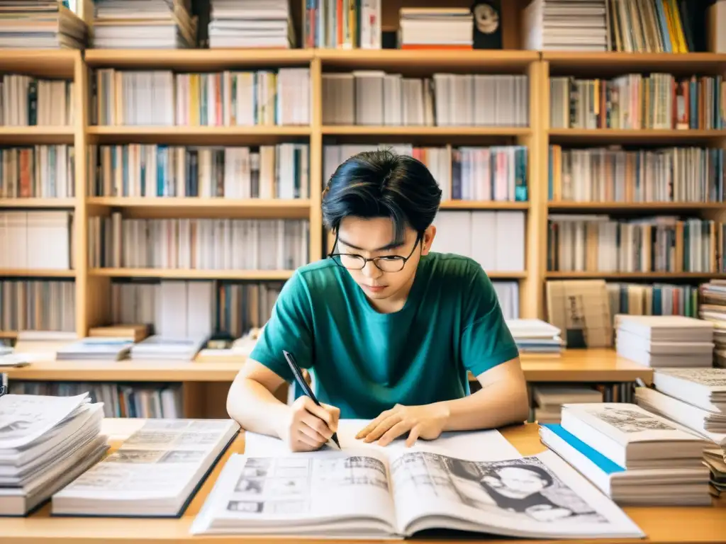 Un artista de manga trabajando con pasión en su estudio desordenado, rodeado de volúmenes de manga