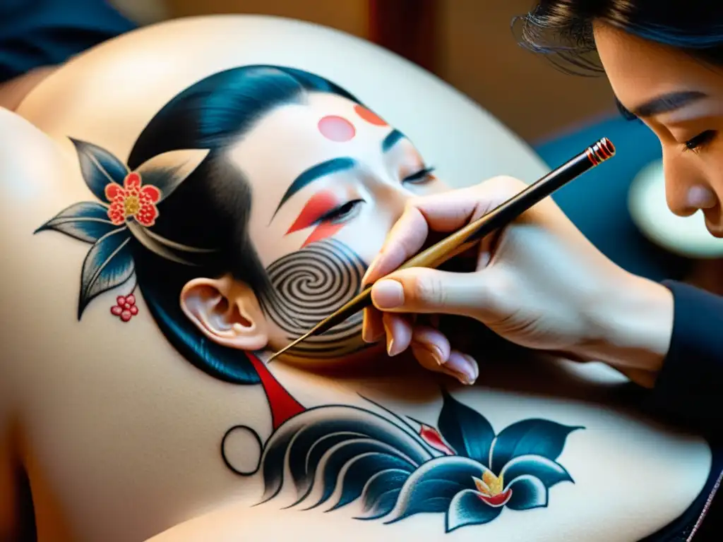 Un artista tatúa a mano un diseño japonés tradicional, mostrando la concentración y la belleza del arte de los tatuajes asiáticos