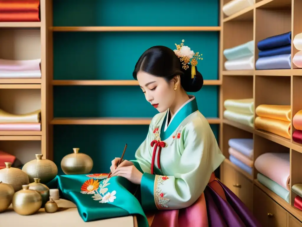 Artista elaborando a mano un exquisito hanbok coreano en un atelier de moda de lujo, fusionando la tradición con la modernidad