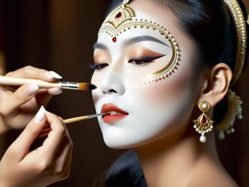 Una artista de maquillaje asiática aplica con precisión la base blanca a una modelo, reflejando la filosofía del maquillaje tradicional asiático con detalle y serenidad