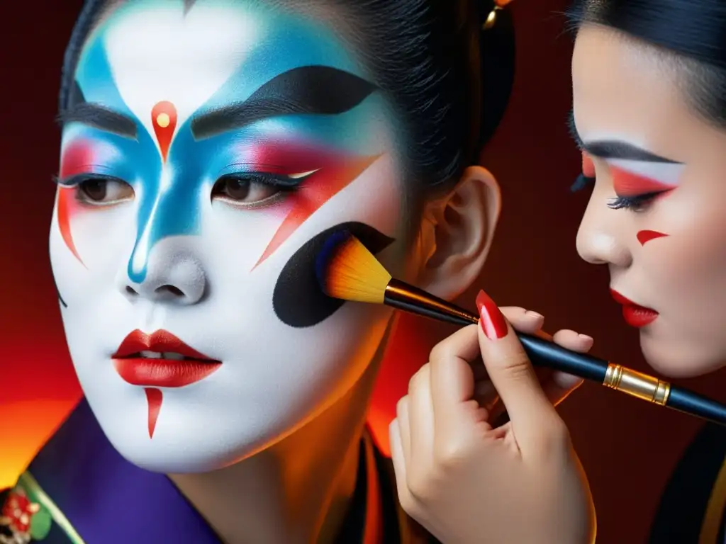 Maquillaje Kabuki japonés: Arte y técnica en acción Artista aplica maquillaje Kabuki japonés con técnicas vanguardistas, resaltando el arte y la precisión del maquillaje japonés