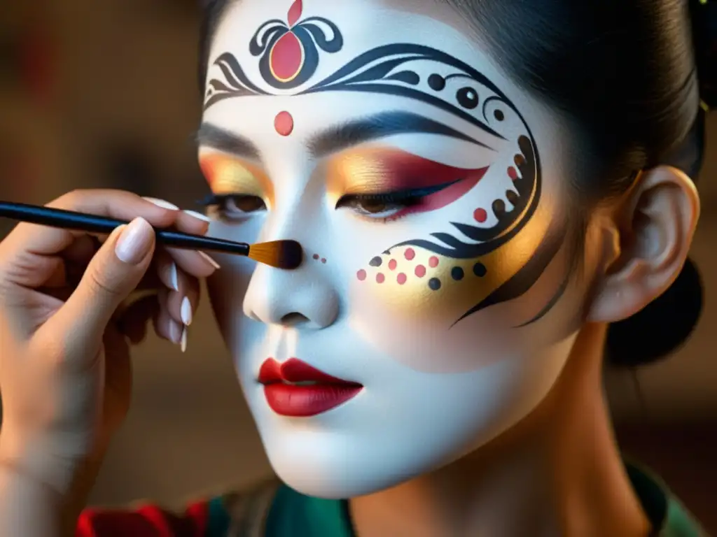 Un artista de maquillaje tradicional asiático aplica diseños intrincados a una modelo con precisión y delicadeza