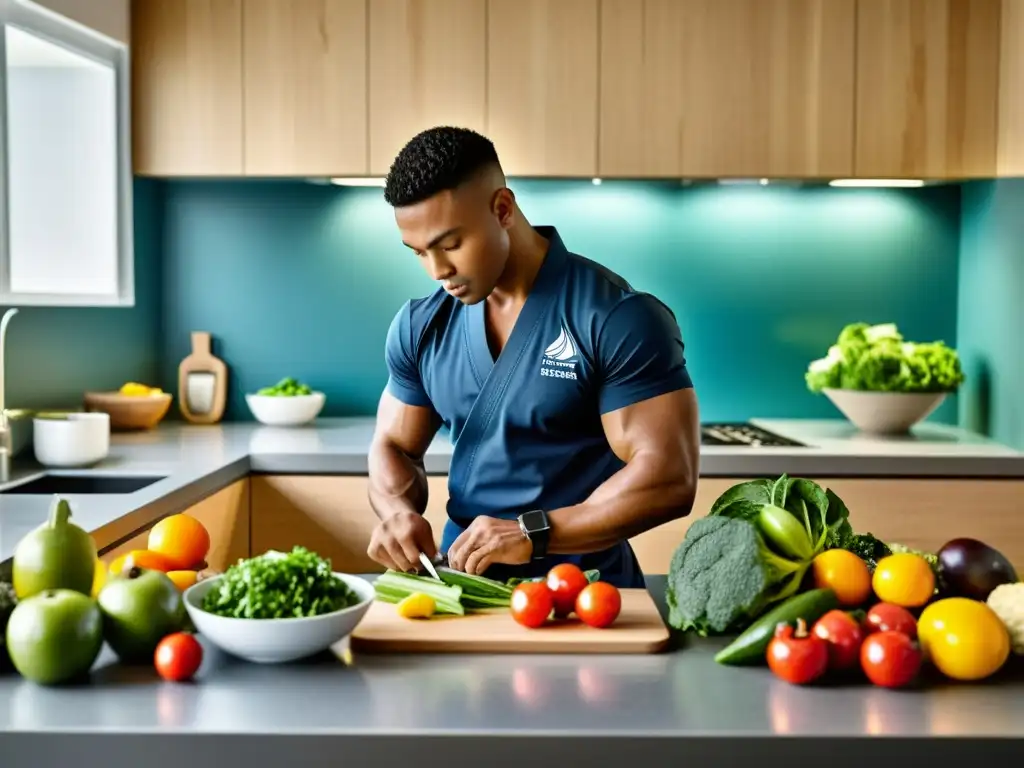 Un artista marcial prepara una comida equilibrada en una cocina moderna, resaltando colores vibrantes y alimentos frescos