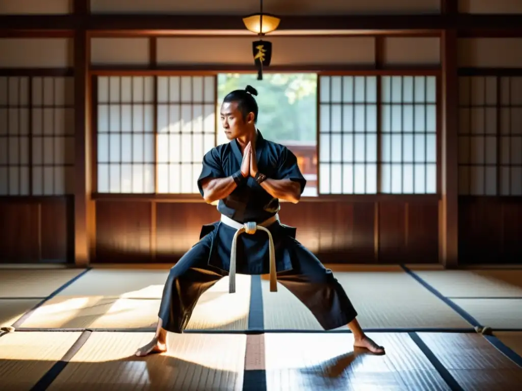 Un artista marcial practica con intensidad en un dojo tradicional, rodeado de armas antiguas, con la luz que se filtra entre las ventanas