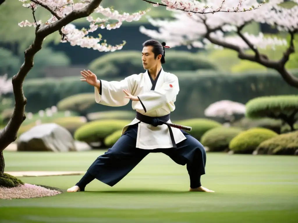 Un artista marcial samurái demostrando una precisa técnica de Aikijujutsu en un jardín japonés tranquilo con árboles de cerezo en plena floración