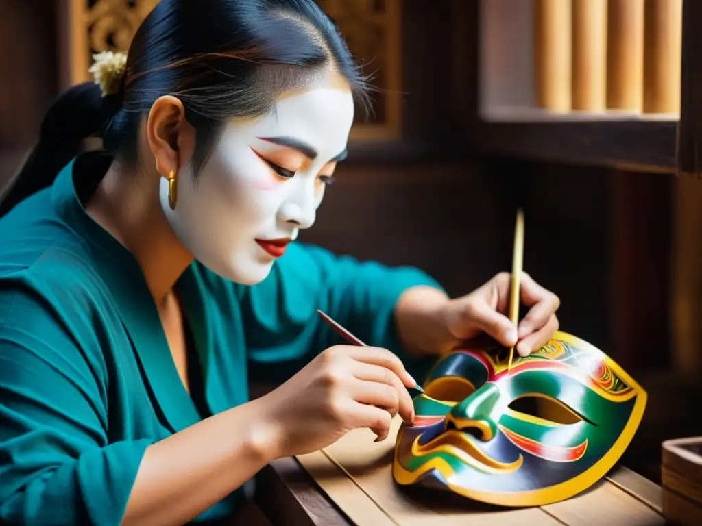 Un artista de máscaras asiáticas pintando una máscara de madera en un taller misterioso, evocando el encanto enigmático del arte