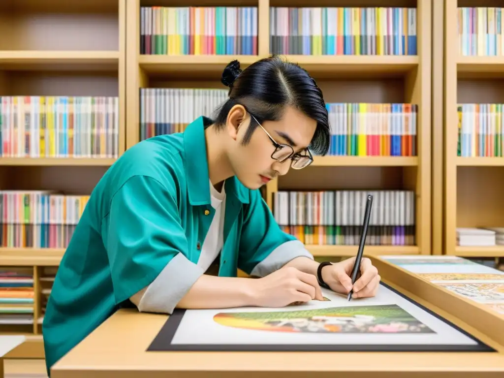 Maestro del manga: concentración y precisión en la creación Un artista meticuloso de manga japonés inicia un panel rodeado de suministros y cómics