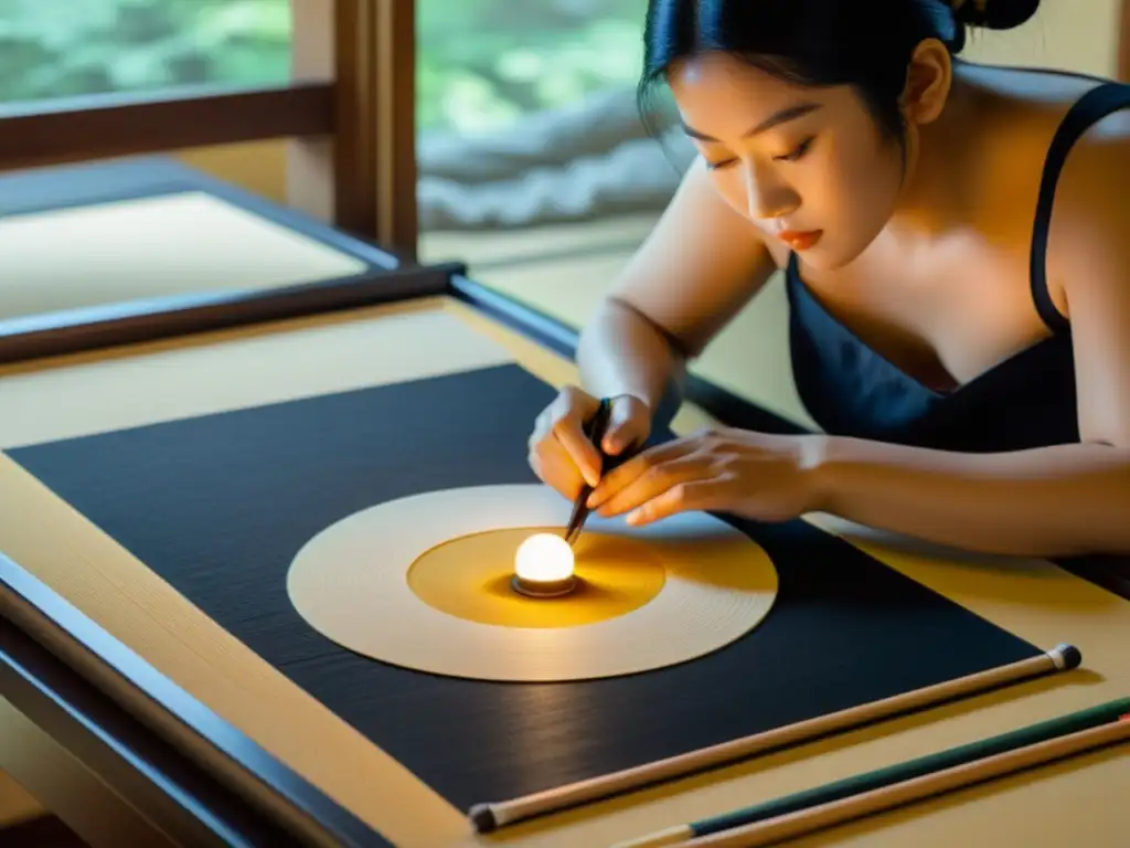 Un artista Nihonga aplica capas de pigmentos minerales a un papel washi, rodeado de tradición y maestría en la técnica tradicional arte Nihonga Japón