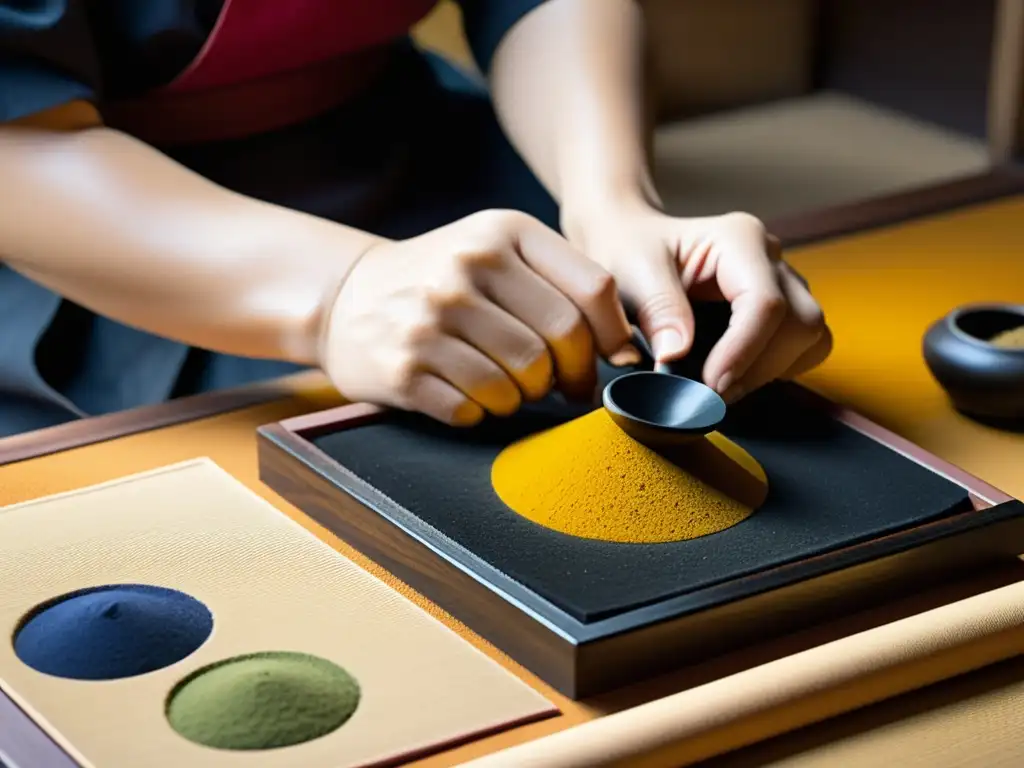 Un artista de Nihonga Japonés muele pigmentos minerales para crear colores vibrantes con una técnica tradicional de arte