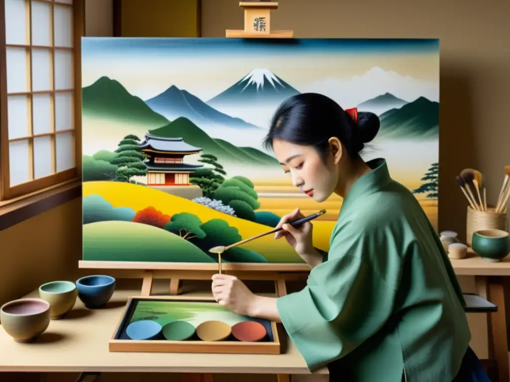 Un artista de Nihonga Japonés aplica la técnica tradicional con serenidad, creando un paisaje detallado con colores vibrantes y pinceladas precisas