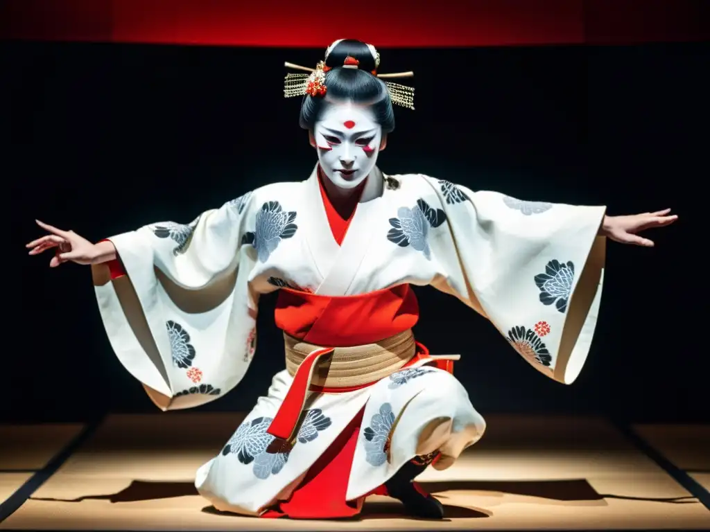 Artista de performance en Asia evoca influencias culturales a través del kabuki, kimono y expresiones emotivas en el escenario iluminado