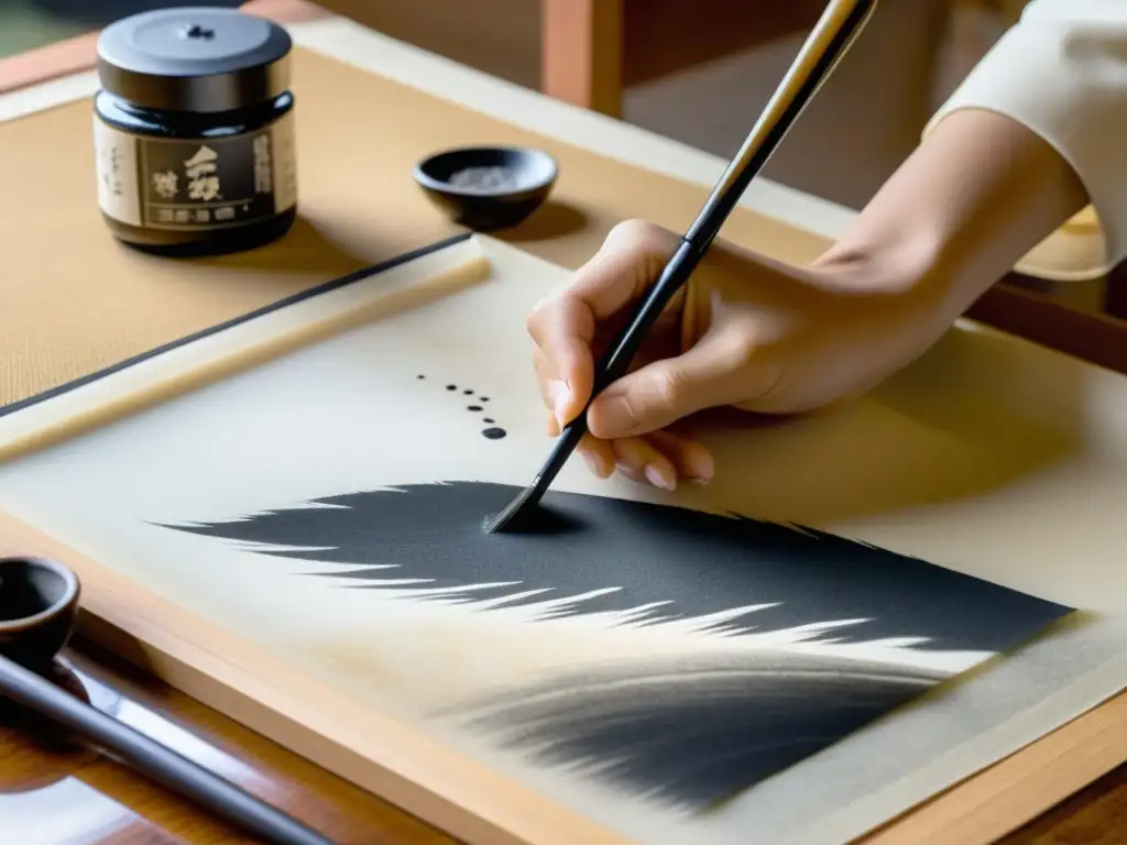 Artista crea pintura con tinta Sumi, mostrando destreza y precisión en cada pincelada