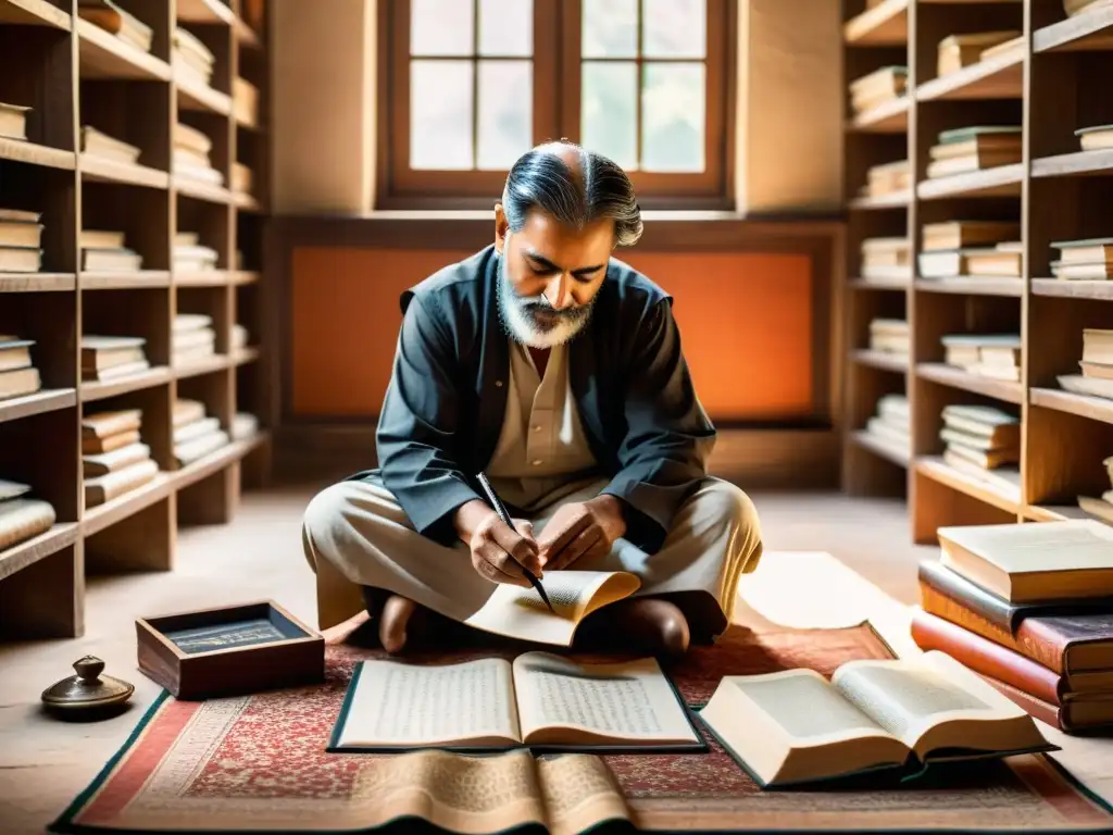 Maestro de caligrafía urdu: arte y tradición en acción Un artista urdu crea poesía con un pincel fino, rodeado de manuscritos antiguos, libros de cuero y una rica cultura