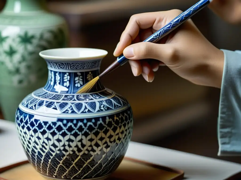 Artista restaurando con precisión un antiguo jarrón de porcelana, resaltando la belleza y la preservación histórica del arte asiático