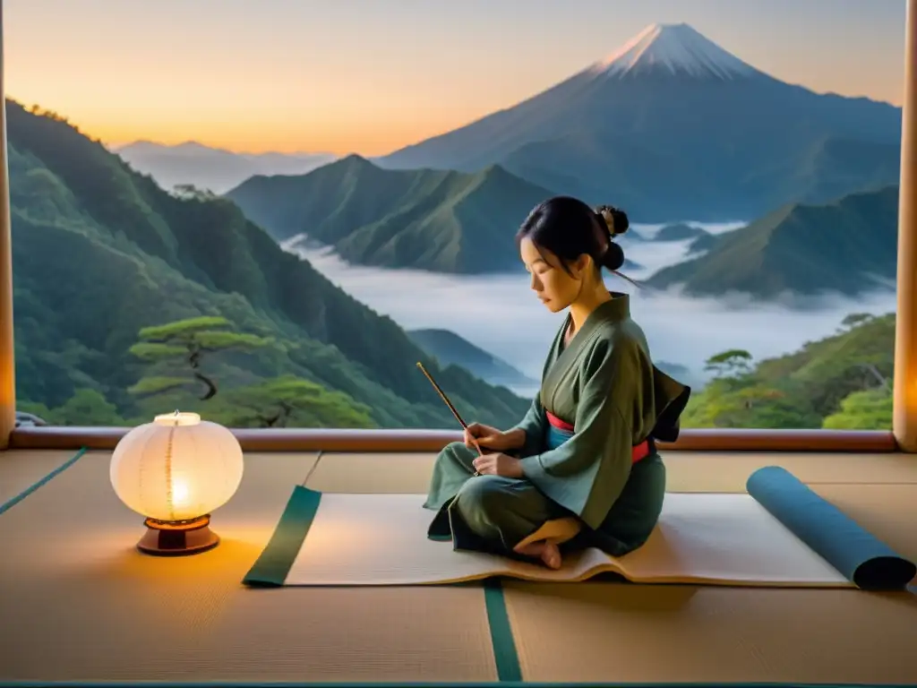 Un artista solitario practica la caligrafía en un paisaje montañoso de Japón en la madrugada, rodeado de sabiduría ancestral