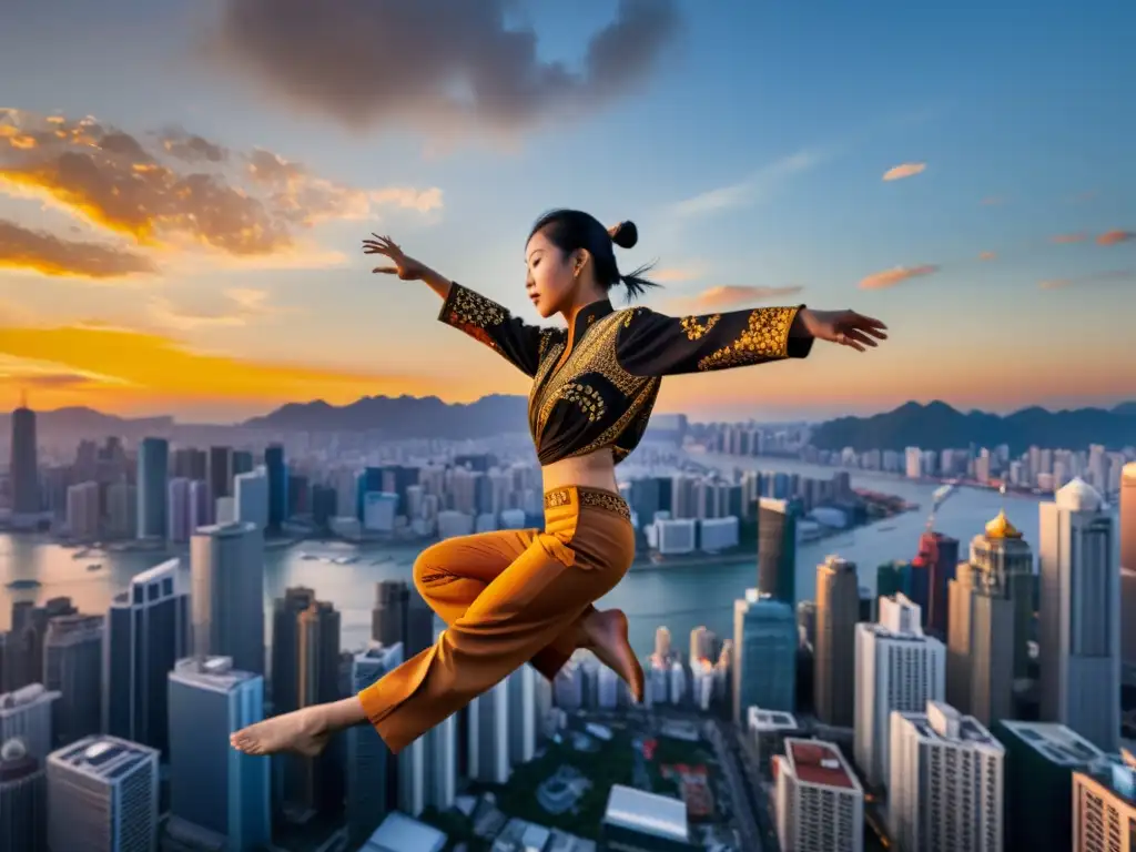 Artista suspendido en el aire en pose desafiante, con la ciudad asiática al atardecer de fondo y público admirando