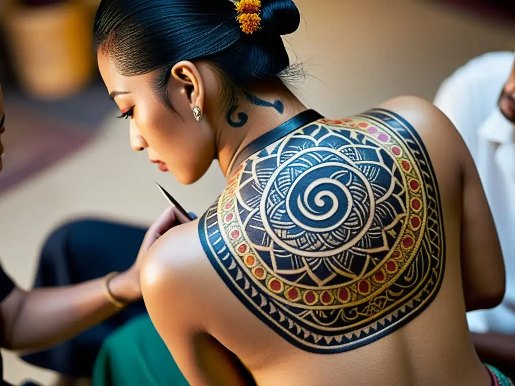 Un artista de tatuajes asiático tradicional crea un diseño intrincado en la espalda de una persona, transmitiendo el significado espiritual de la medicina tribal asiática