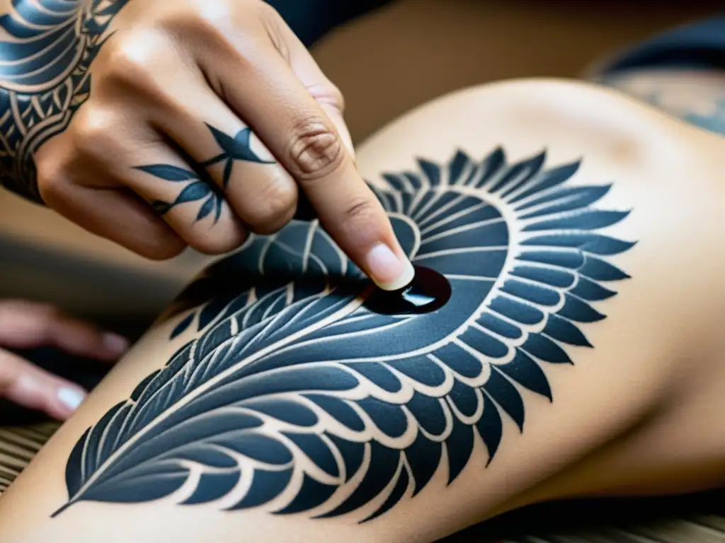 Un artista de tatuajes tebori japonés aplica tinta a mano con precisión en la piel del cliente, mostrando la evolución de tatuajes asiáticos