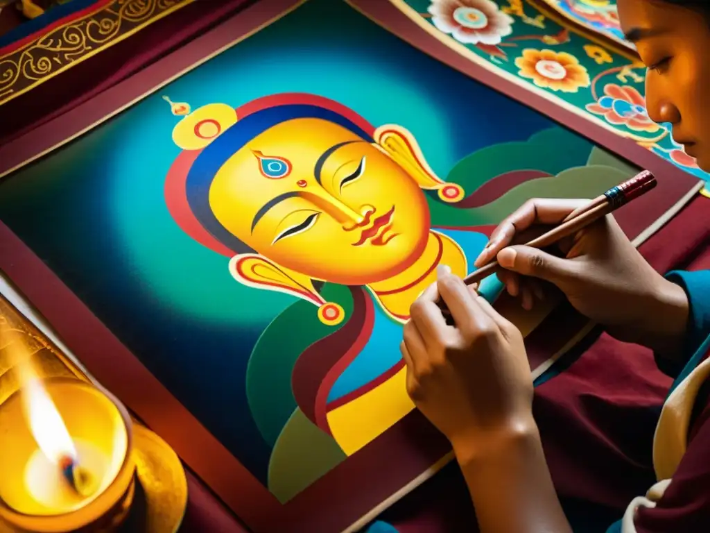 Un artista tibetano crea con espiritualidad una pintura thangka en un monasterio tenue, con detalles vibrantes y misteriosa iconografía tibetana