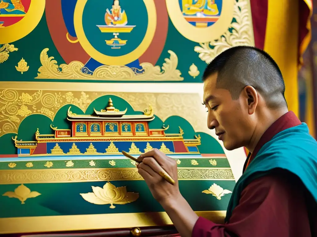 Un artista tibetano aplica meticulosamente pan de oro a una pintura thangka, capturando la devoción y la espiritualidad del arte tibetano