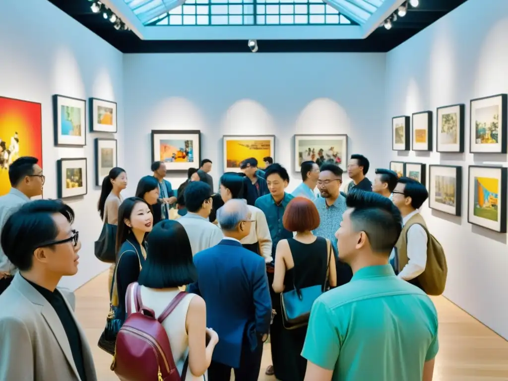 Artistas asiáticos contemporáneos vanguardistas interactúan con entusiasmo en una bulliciosa galería de arte en Asia