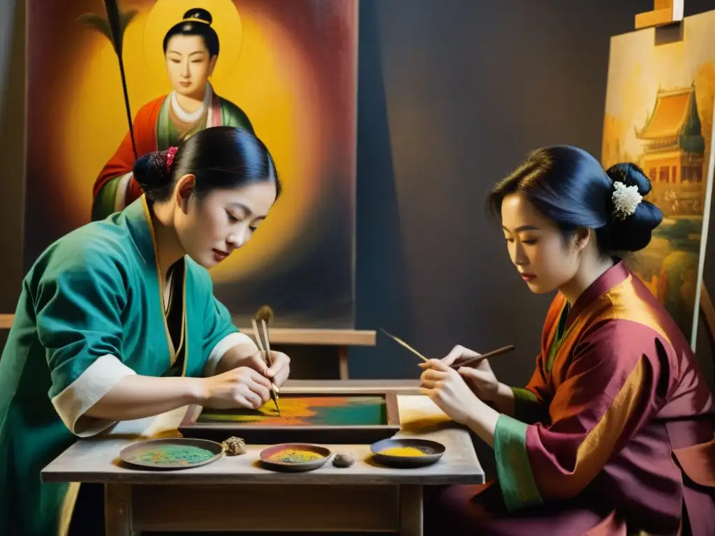 Restauración de pintura antigua por artistas tradicionales asiáticos Artistas asiáticos restaurando con devoción una pintura centenaria, manteniendo viva la esencia del arte asiático en un estudio ornamentado y tenue