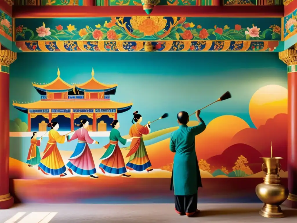 Artistas asiáticos tradicionales pintando mural en templo Artistas asiáticos tradicionales pintando un mural en un templo, manteniendo viva la esencia del arte asiático
