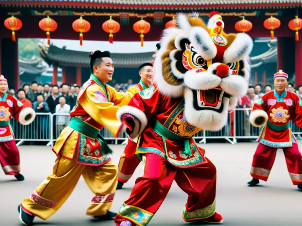 Dos artistas de la Danza del León estilo Kung Fu en trajes vibrantes, rodeados de espectadores, capturando la energía y dinamismo de la competencia