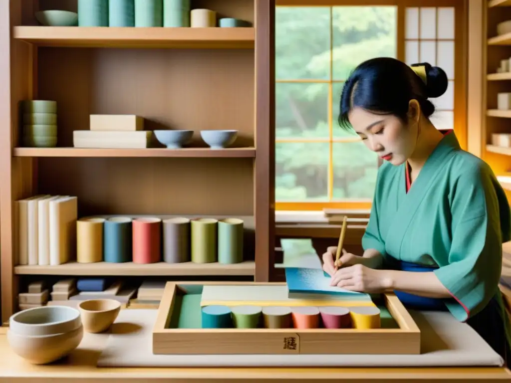 Artistas japoneses tallando bloques de madera, rodeados de pigmentos y papel washi, en un taller de grabado ukiyoe