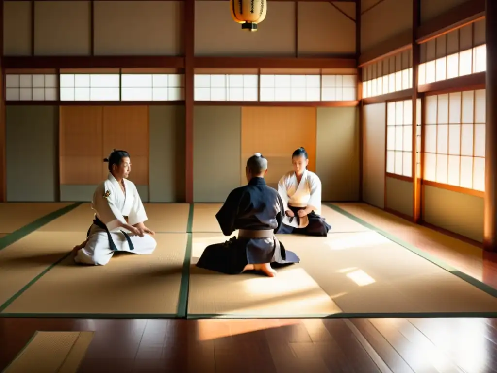 Dos artistas marciales practicando aikido en un dojo tradicional japonés, transmitiendo armonía y estrategias filosóficas de artes marciales